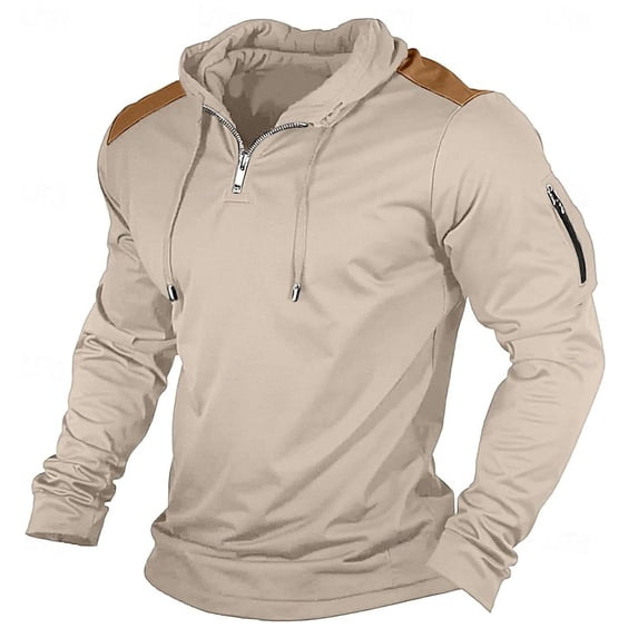 Qulqfy Going Out Hoodie for Men Quarter Zip Pullover Beige Long Sleeve Drawstring Sweatshirts with Zipper Pockets Sweatshirts for Men L