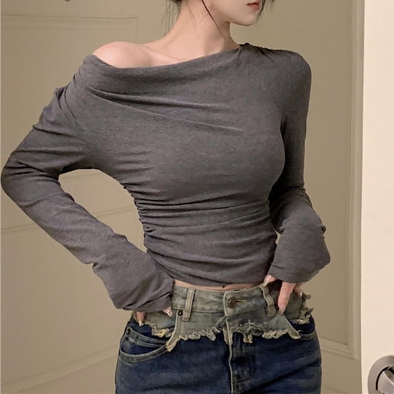 Qulqfy Going Out Long Sleeve Shirt Women Gray Cropped Off the Shoulder Blouses Trendy Fashion Shirts for Women