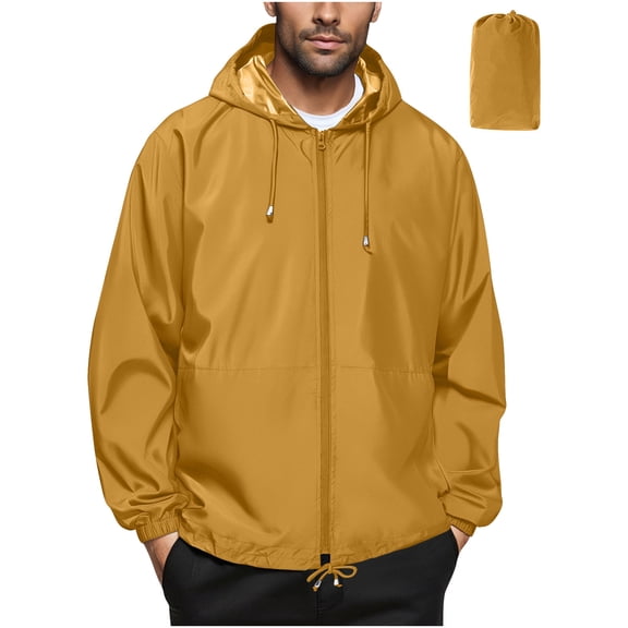 Qulqfy Golf Jackets for Men Waterproof Packable Yellow Lightweight Hooded Running Travel Windbreaker Raincoat for Men M