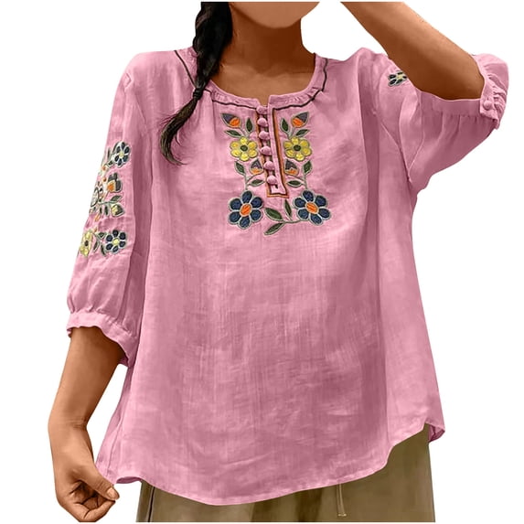 Qulqfy Graphic Blouse for Women 3/4 Length Sleeve Scoop Neck Casual Loose Fit Cotton Linen Work Pleat Flowy Fall Spring Tops for Women 2026 Trendy Pink M