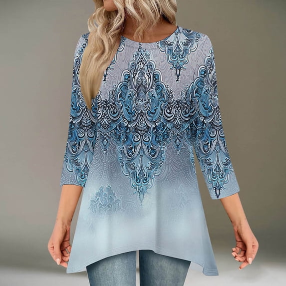 Qulqfy Graphic Blouses for Women Scoop Neck Casual Loose Fit 3/4 Length Sleeve Vintage Fall Flowy Pleat Work Womens Tops Summer L