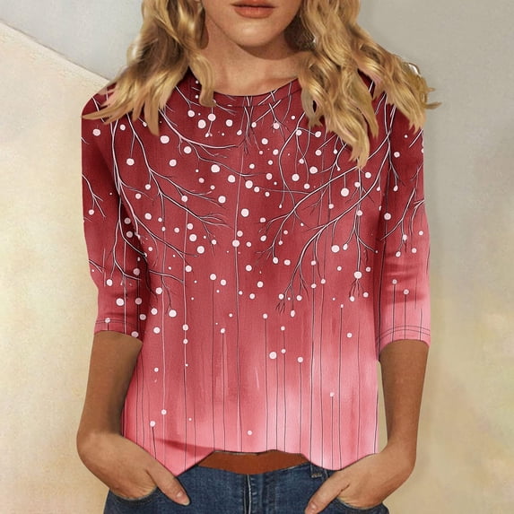 Qulqfy Graphic Womens Blouses Scoop Neck Slim Fit 3/4 Length Sleeve Casual Dressy Pleat Fall Tunic Work Summer Tops for Women 2026 Red L