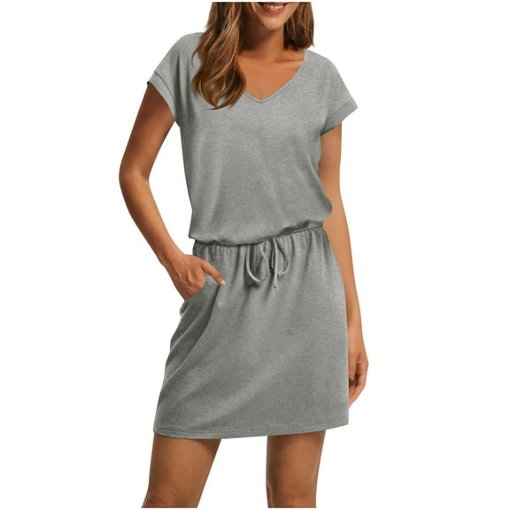 Qulqfy Gray Dresses for Women Cotton Short Sleeve Mini Casual Solid V Neck Elastic Waist Dresses Womens Fall Dresses 2025 L