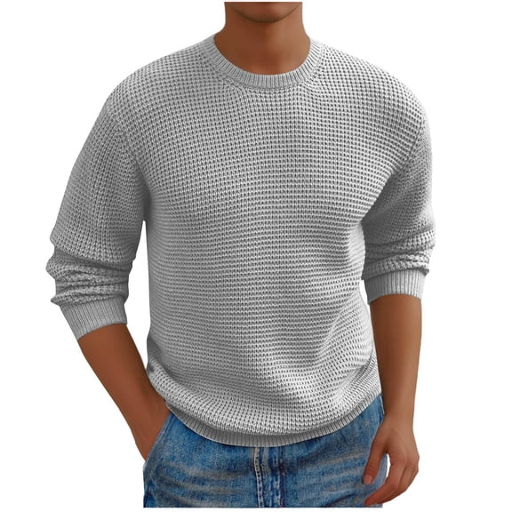 Qulqfy Gray Men Sweater Slim Fit Basic Chunky Knit Classic Long Sleeve Winter Crew Neck Casual Fall Sweater Men Shirts L