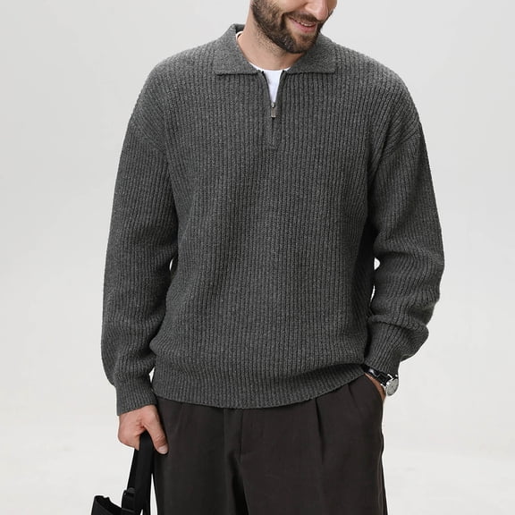 Qulqfy Gray Men's Sweaters Dressy Knit Business Casual Quarter Zip Pure Winter Fall Collared Long Sleeve Sweater Mens Undershirts XL