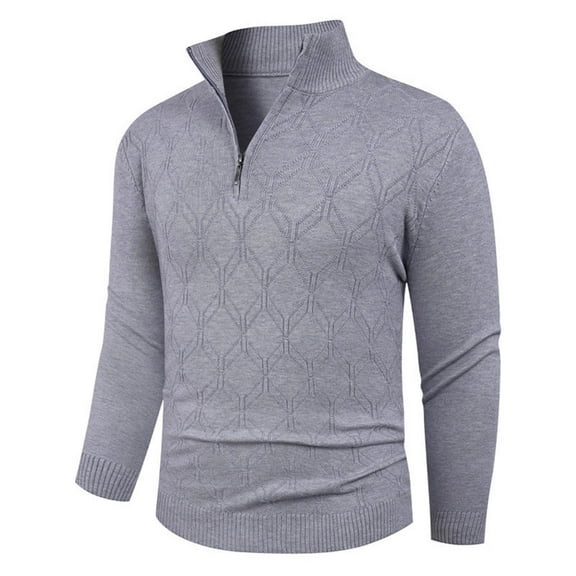 Qulqfy Gray Sweater Men Ribbed Knit Casual Dressy Quarter Zip Fall Textured Stand Collar Winter Long Sleeve Sweater Mens Shirt L