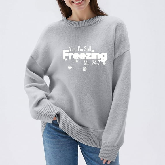 Qulqfy Gray Sweaters for Women Tunic Cozy Pullover Oversized Sweater Dressy Casual Graphic Long Sleeve Crew Neck Knit Shirts Tops for Women