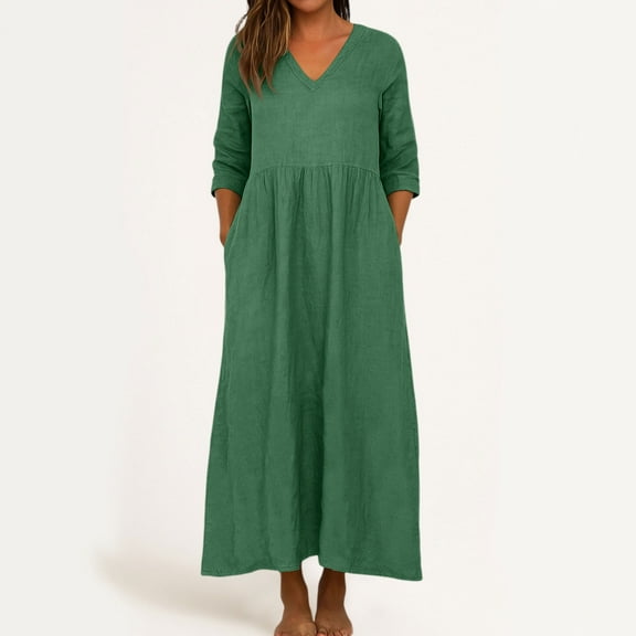 Qulqfy Green Dress for Women Maxi 3/4 Sleeve Casual V Neck High Waist Smocked Dresses Womens Fall Dress L