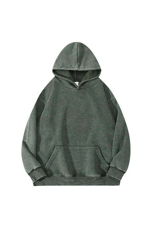 Green Hoodie Men Raglan Cotton Vintage Pullover Washed Long Sleeve Hooded Sweatshirts with Kanga Pocket Mens Sweatshirt L