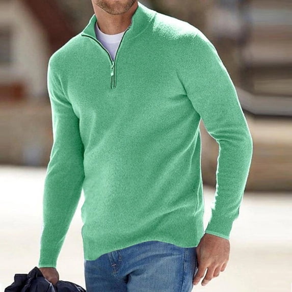 Qulqfy Green Men Sweater Quarter Zip Dressy Business Casual Knit Basic Fall Stand Collar Long Sleeve Winter Sweater Men Shirts L