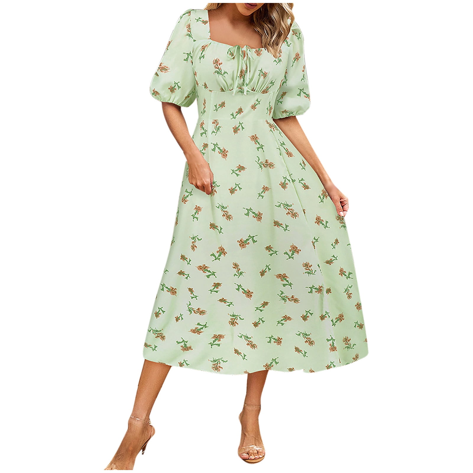 Qulqfy Green Summer Dresses for Women 2025 Puff Sleeve Midi Sundress ...