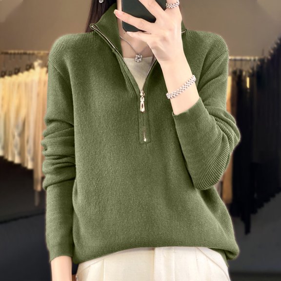 Qulqfy Green Sweaters Women Half Zip Fall Pullover Knitted Fall Sweaters Womens Fashion Tops M