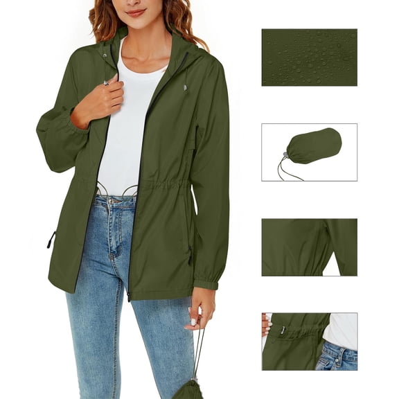 Qulqfy Green Windbreaker Jackets for Women Packable Waterproof Hiking Zip Up Jackets Women's Nylon Raincoat with Hood M