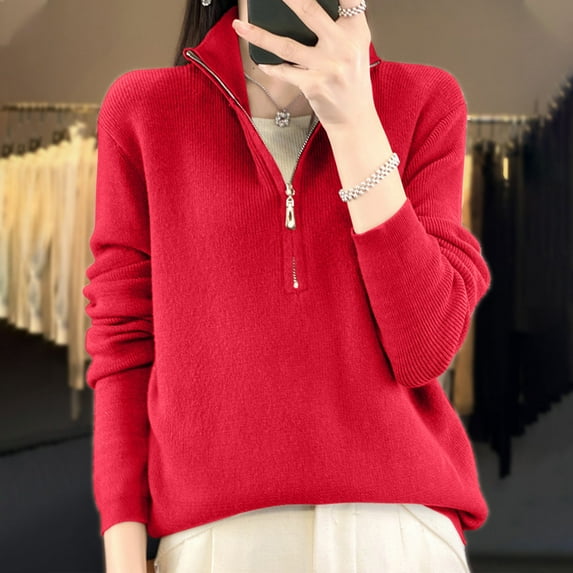 Qulqfy Half Zip Sweaters Women Fall Pullover Red Knitted Fashion Sweaters Womens Fall Tops M