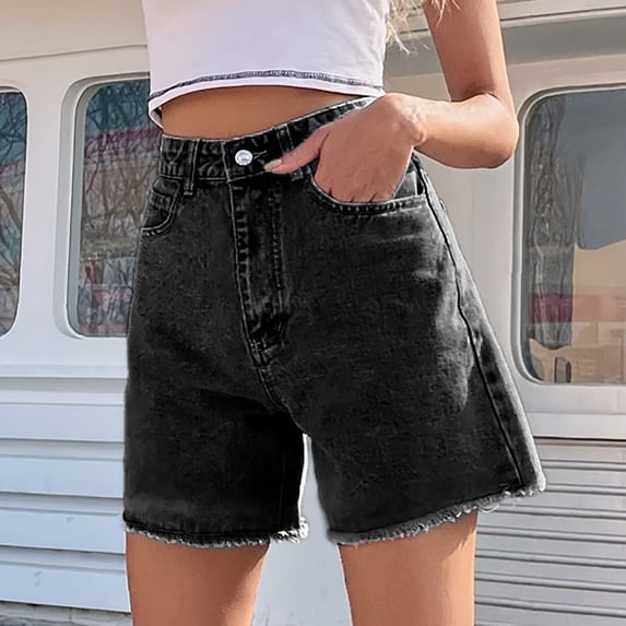 Qulqfy High Waisted Denim Shorts for Women Casual Stretchy Wide-Leg Raw Hem Baggy Summer Essentials Trendy Jean Shorts for Women Black