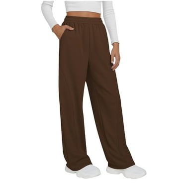 Qulqfy High Waisted Ladies Pants Petite Joggers Brown Long Palazzo Solid Sweatpants Joggers for Girls L