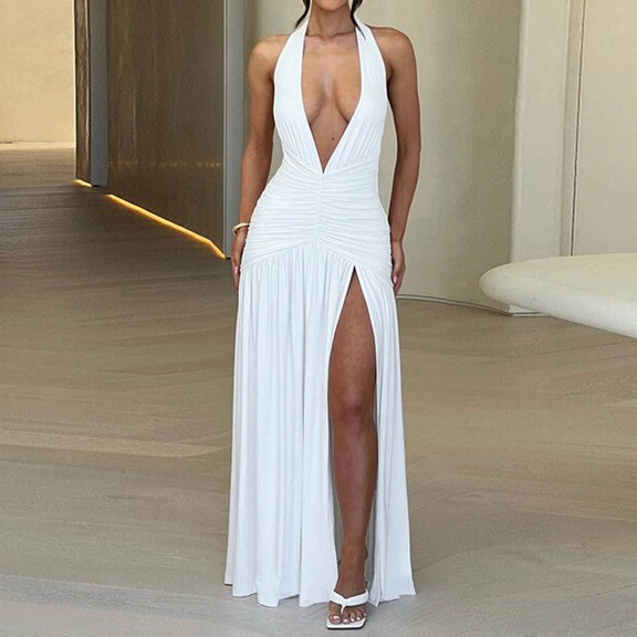 Qulqfy High Waisted Summer Dress Sleeveless Wedding Guest V-Neck Maxi Knit Pleat Split Wrap Halter Corset Long Dress White