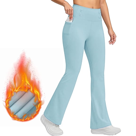Qulqfy High Waisted Womens Leggings Flare Blue Fleece Yoga Warm Tummy Control Leggings with Pockets Women's Pants S