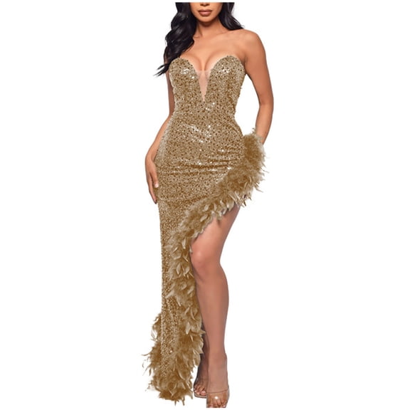 Qulqfy High Waisted Womens Summer Dresses Wedding Guest Sleeveless Deep V-Neck Maxi Corset Asymmetric Hem Lace Wrap Open Back Long Dress Gold