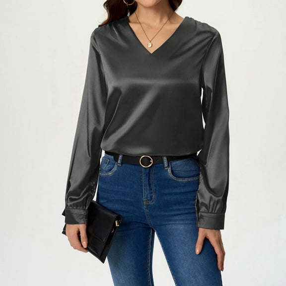 Qulqfy Holiday Blouses for Women Dressy Satin Gray Silk V Neck Blouse Lightweight Long Sleeve Shirt Cute Going Out Tops for Women XL