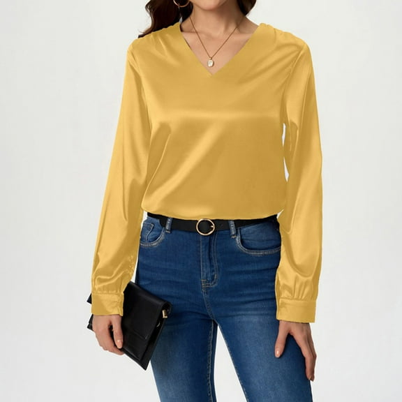 Qulqfy Holiday Blouses for Women Dressy V Neck Silk Yellow Satin Blouse Long Sleeve Lightweight Shirt Womens Tops Trendy L