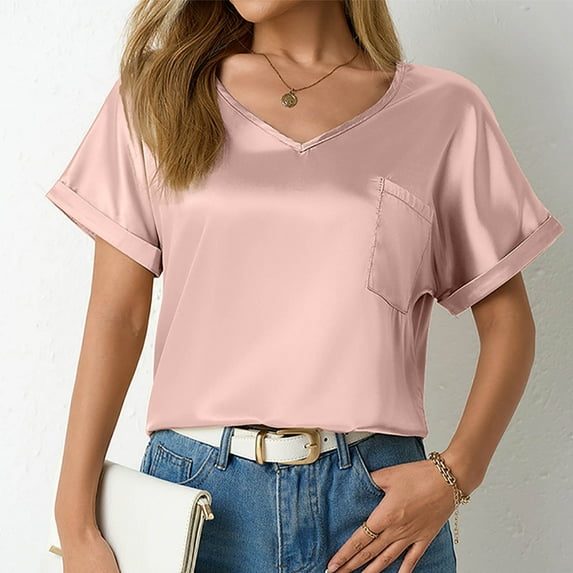 Qulqfy Holiday Blouses for Women Silk V Neck Pink Satin T-Shirt Cuffed Short Sleeve Shirt Tops for Women 2026 S