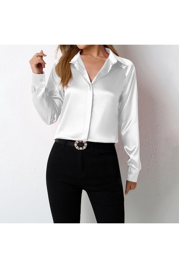 Holiday Blouses for Women Tunic Silk White Satin Petite Blouse V Neck Long Sleeve Shirt Women Tops M
