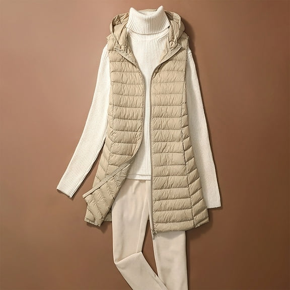 Qulqfy Hooded Puffer Vest Women Lightweight Long Yellow Warm Sleeveless Zip Up Quilted Jackets Fall Vest for Women L