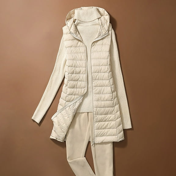 Qulqfy Hooded Quilted Jackets for Women Long Beige Lightweight Zip Up Warm Sleeveless Puffer Vest Vest for Women L
