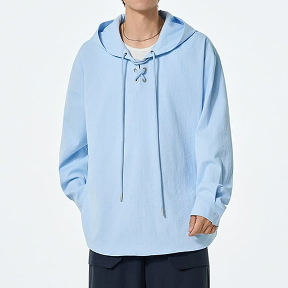Qulqfy Hoodie Men Pullover Blue Lightweight Long Sleeve Drawstring Casual Hooded Fall Sweatshirts Men's Fashion Hoodies & Sweatshirts L