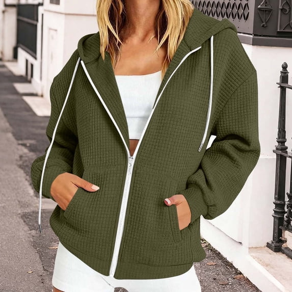 Qulqfy Hoodies for Women Waffle Knit Fall Winter Casual Lightweight Army Green Hooded Drawstring Loose Zip Up Long Sleeve Track Jackets with Pockets M