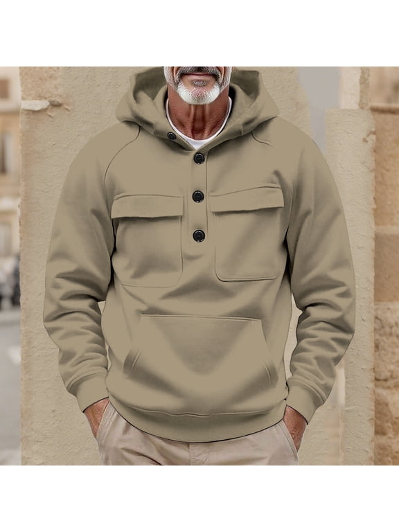 Hunting Men Hoodies Pullover Beige Cargo Henley Casual Fall Long Sleeve Sweatshirts with Kanga Pocket Mens Sweatshirts 3XL