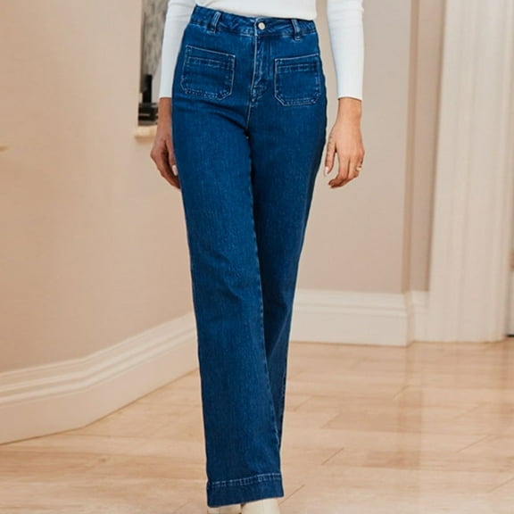 Qulqfy Jeans for Women Blue Petite Slim Fit Denim Jeans Wide Leg High Waisted Stretchy Pants for Women