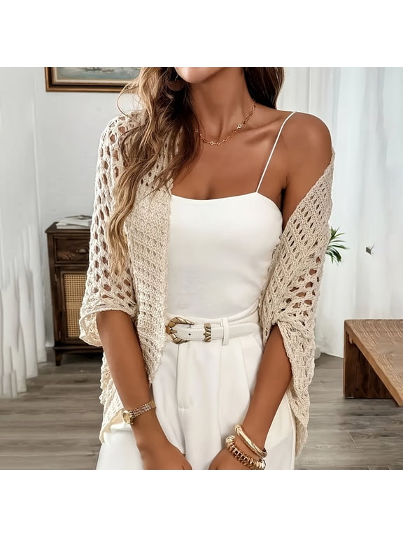 Khaki Cardigan for Women Shrug Petite Open Front Knitted Half Sleeve Casual Cutout Outwear Coats M