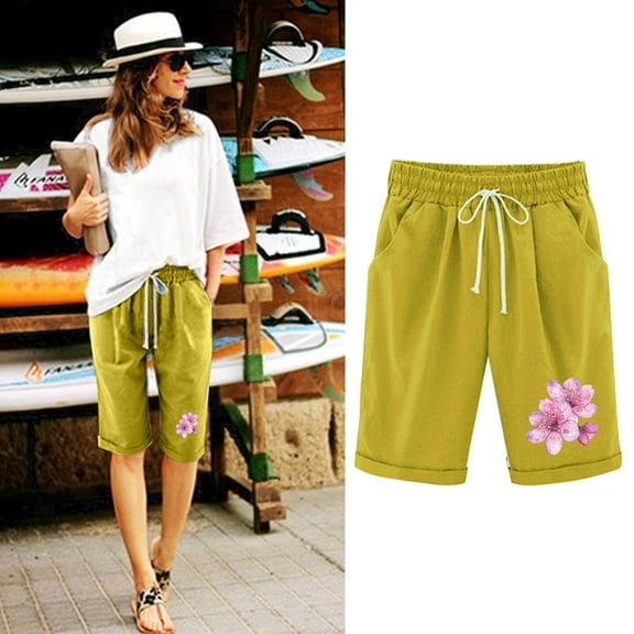 Qulqfy Knee Length Women Shorts Yellow Bermuda Baggy Wide-Leg Capri Floral High Waisted Shorts Trousers for Ladies XL