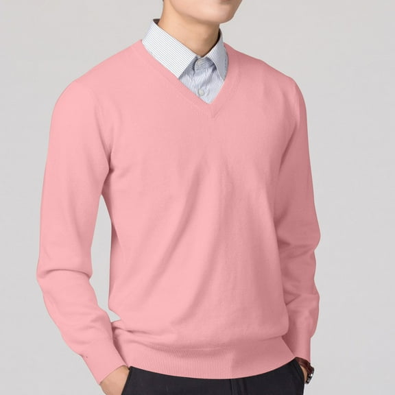 Qulqfy Knit Men Sweater Basic Pure Classic Pink Casual Long Sleeve Fall V Neck Winter Sweater Men Shirts XXL