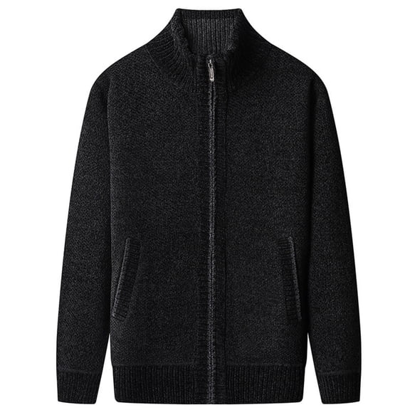 Qulqfy Knit Men Sweater Winter Long Sleeve Pure Black Fall Zip Up Cardigan Sweaters Mens Shirts M