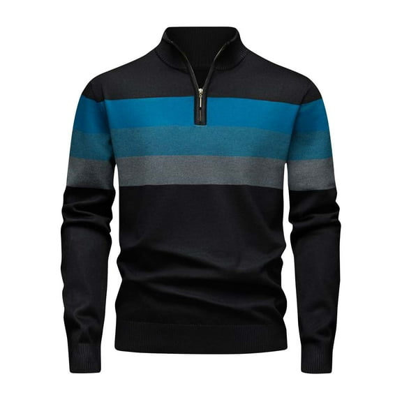 Qulqfy Knit Men Sweaters Black Quarter Zip Tunic Striped Winter Casual Stand Collar Fall Long Sleeve Sweater Golf Shirts for Men L