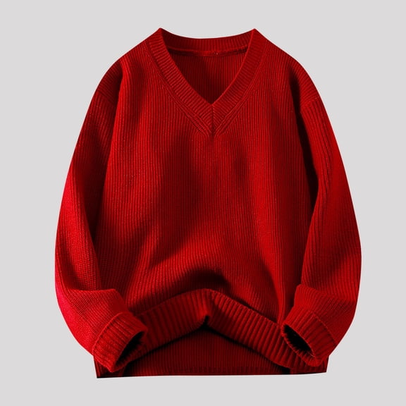 Qulqfy Knit Men's Sweaters Casual Red Soft Basic Fall Winter Long Sleeve Classic V Neck Sweater Mens Undershirts L