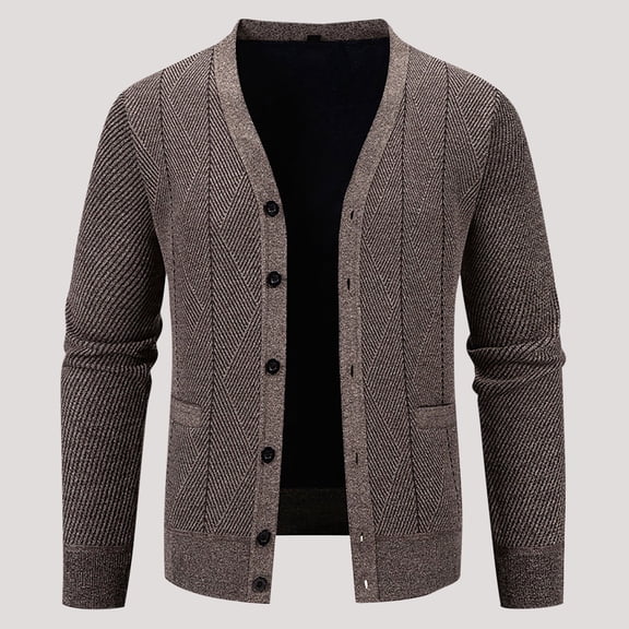 Qulqfy Knit Mens Cardigan Sweater Slim Fit Thermal Bronze Warm Stretchy Winter Casual Long Sleeve Fall Sweater with Pockets Under Shirts for Men XL