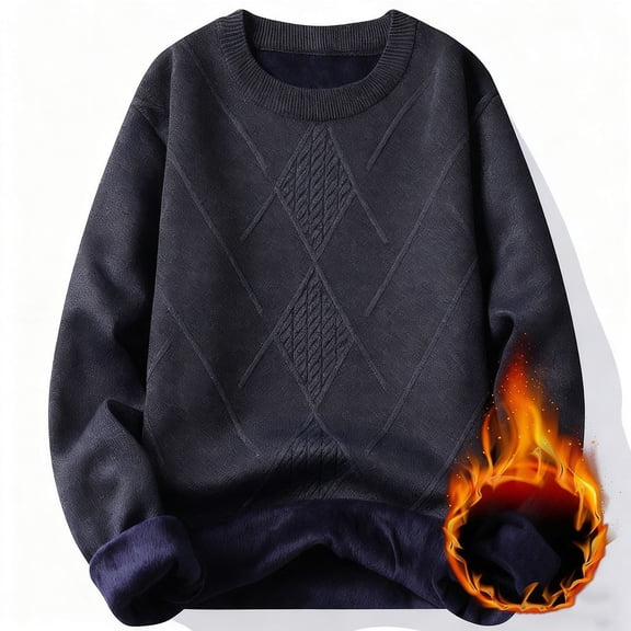 Qulqfy Knit Mens Sweater Fleece Lined Thermal Gray Pullover Fall Long Sleeve Winter Warm Crew Neck Sweater Mens Shirts M