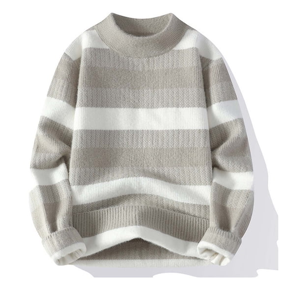 Qulqfy Knit Sweater Men Beige Pullover Casual Striped Fall Crew Neck Stretchy Long Sleeve Winter Sweater Mens Shirt XL