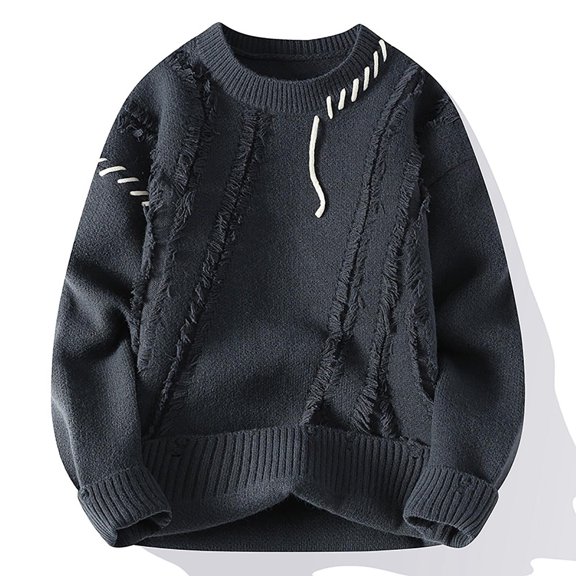 Qulqfy Knit Sweater Men Pullover Oversized Casual Gray Ripped Long Sleeve Fashion Fall Winter Sweater Mens Shirt M