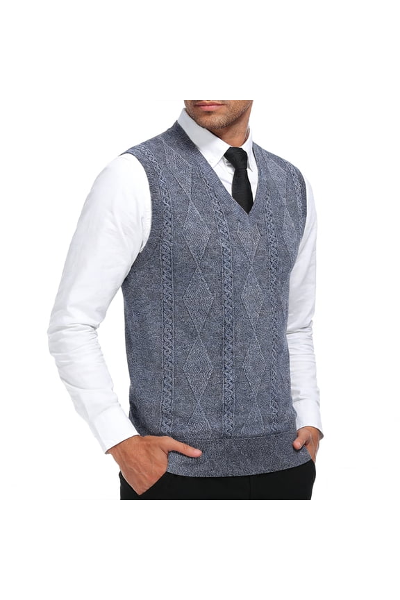 Knit Sweater Vest Men Dressy Varsity Gray Argyle Textured V Neck Sleeveless Fall Winter Sweater Golf Shirts for Men L