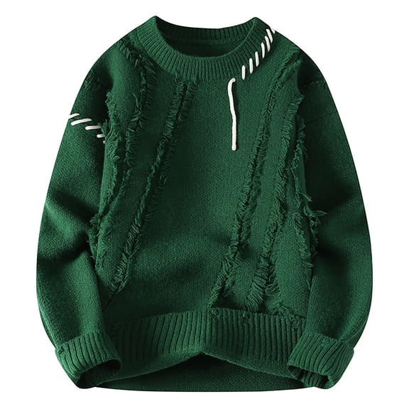 Qulqfy Knit Sweaters for Men Casual Oversized Pullover Green Fall Fashion Long Sleeve Ripped Winter Sweater Shirts for Men M