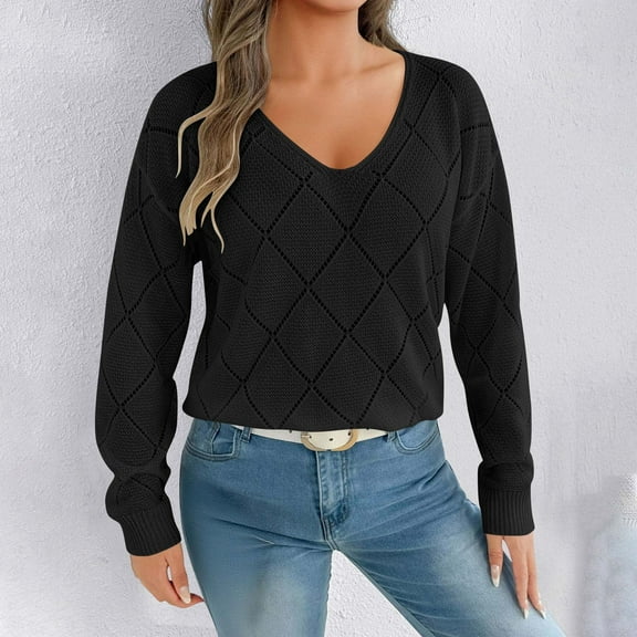 Qulqfy Knit Woman Sweater Pullover Black V Neck Checkered Fashion Long Sleeve Shirts Women Fall Sweaters L