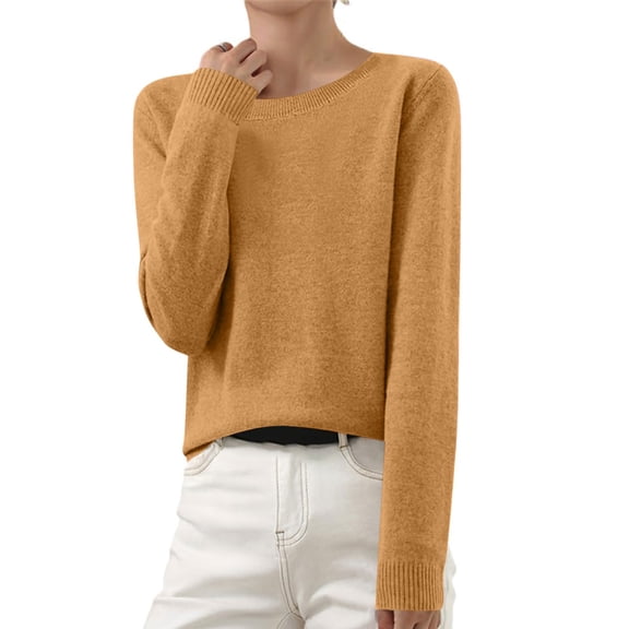 Qulqfy Knit Womans Sweaters Gold Pullover Plus Size Long Sleeve Classic Cotton Crew Neck Basic Shirts Womens Lightweight Sweaters 3XL