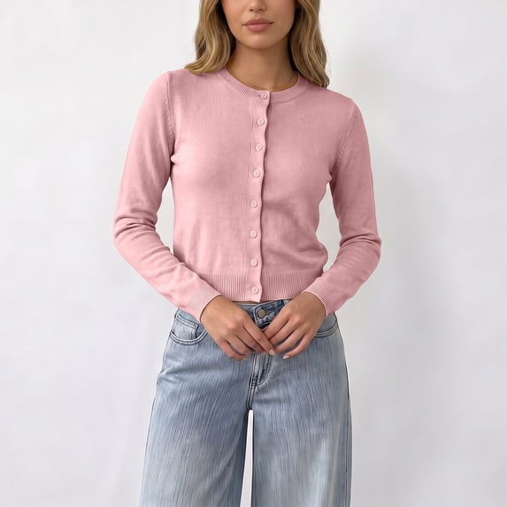 Qulqfy Knitted Womens Cropped Cardigan Pink Petite Long Sleeve Button Up Casual Outwear Coats M