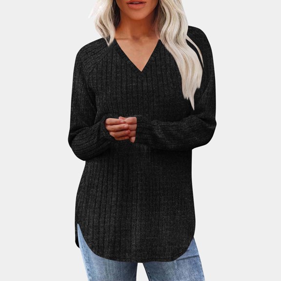 Qulqfy Knitting Tops Women Ribbed V Neck Long Sleeve Fall Black Blouses Curvy Hem Shirts for Women XL
