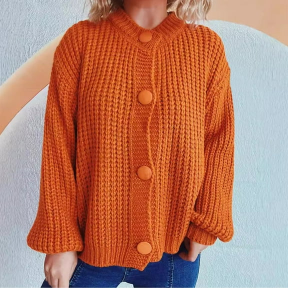 Qulqfy Lantern Sleeve Cardigan Sweater Women Fall Chunky Button Up Orange Sweaters Fall Womens Crew Neck Tops L